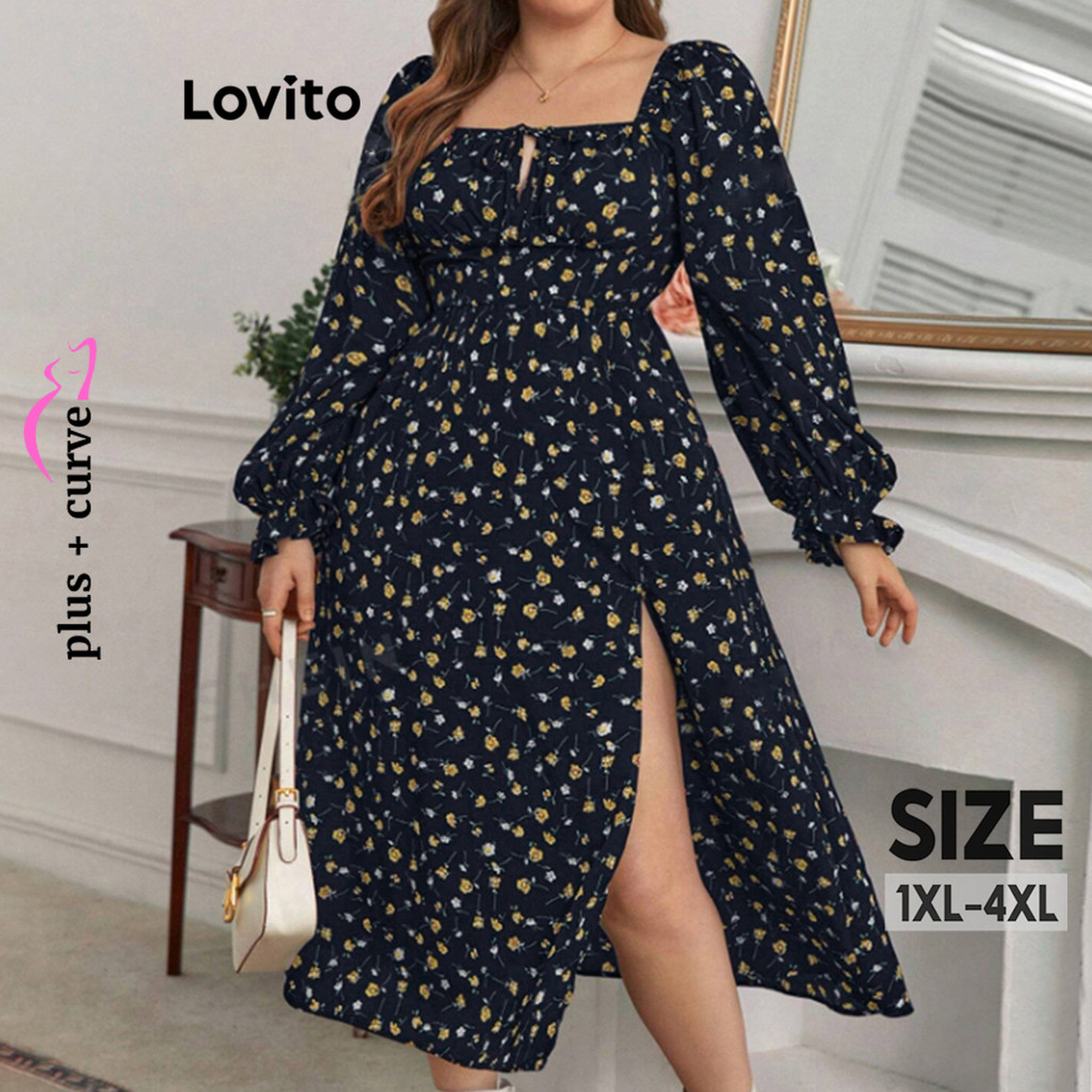 Lovito Vestido plus size curvo elegante Ditsy floral com renda franzida na frente dividida...