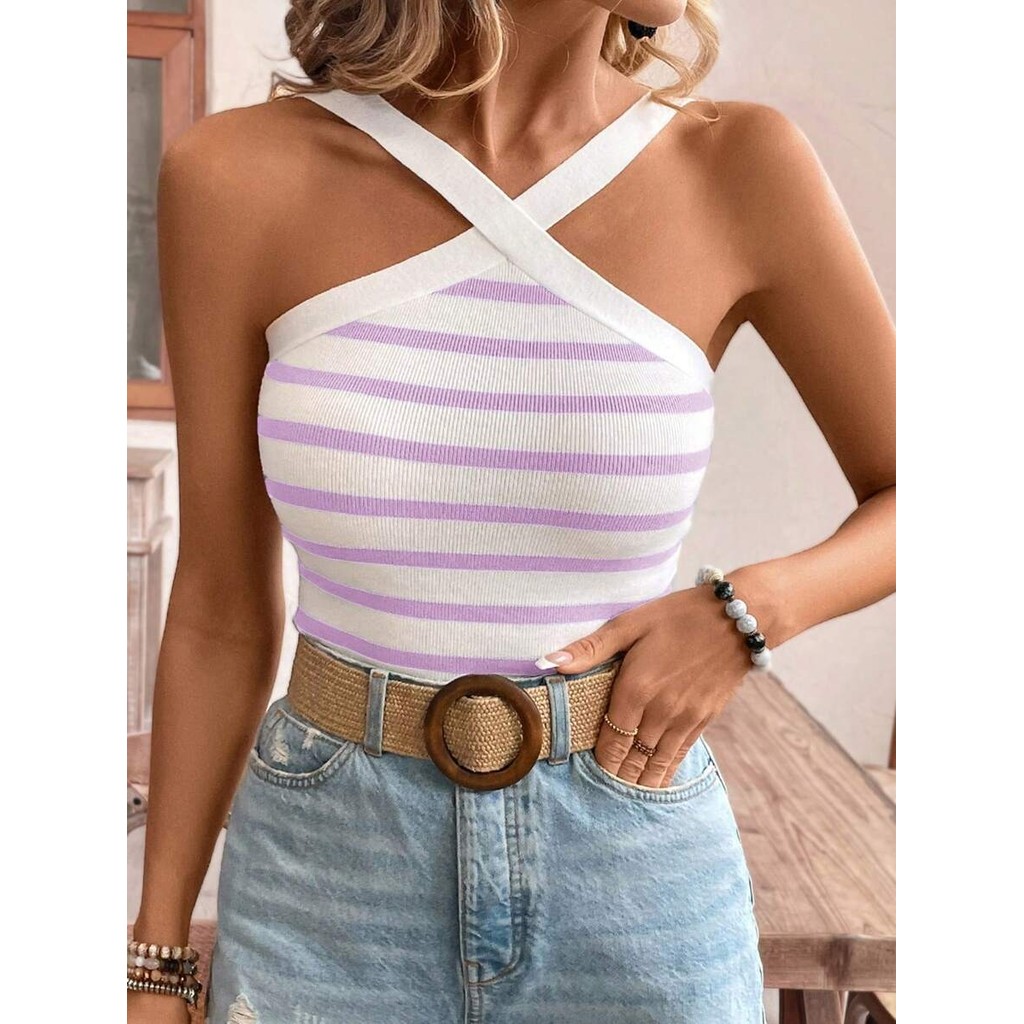 Cropped Feminino de Tricô Modal Decote Cruzado Listras Básico Verão