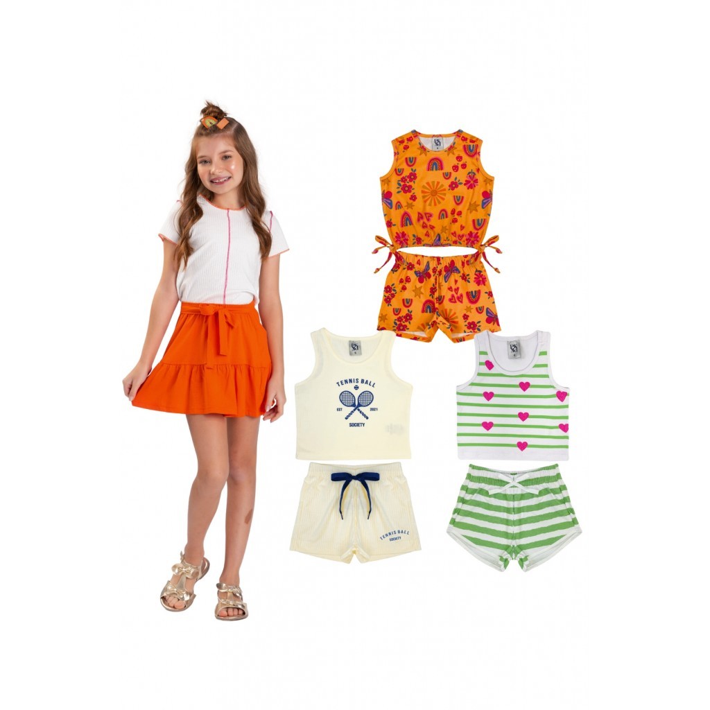 Kit Sortido 6 Peças de Roupas Infantil Menina Verão - 3 Camisetas + 3 Bermudas ou Vestidos Kit Sortido 6 Peças de Roupas Infantil Menina Verão - 3 Camisetas + 3 Bermudas ou Vestidos