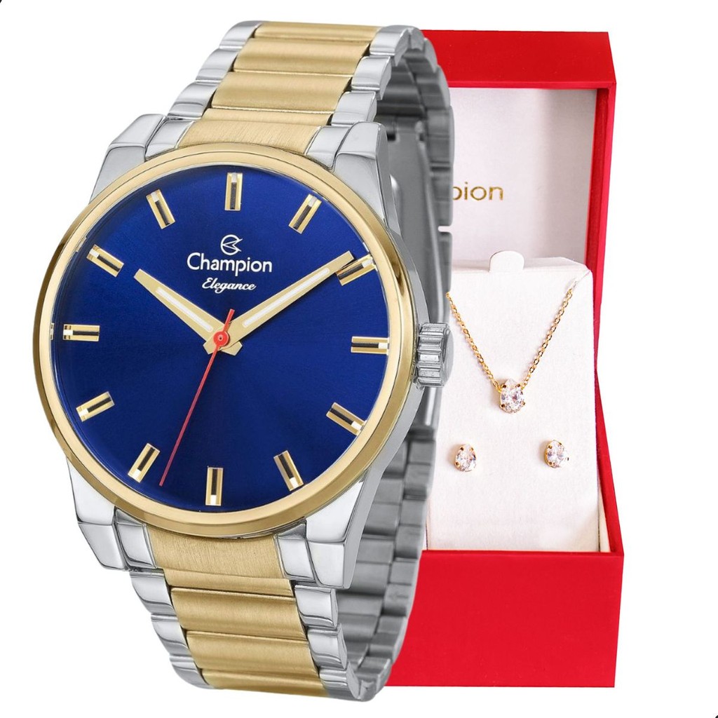 Relógio Feminino Champion Bicolor + Kit Colar e Brincos CN27590K