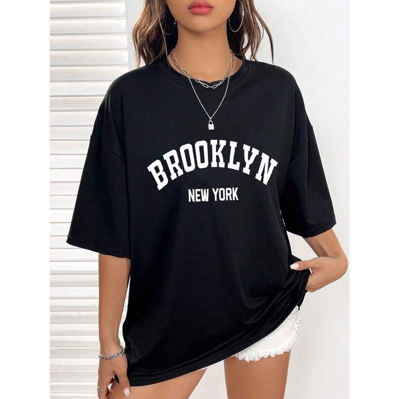 [Camiseta Premium em Algodão Puro]SISI Camiseta Feminina Oversized Brooklyn New York Estilo Largo cropped verão