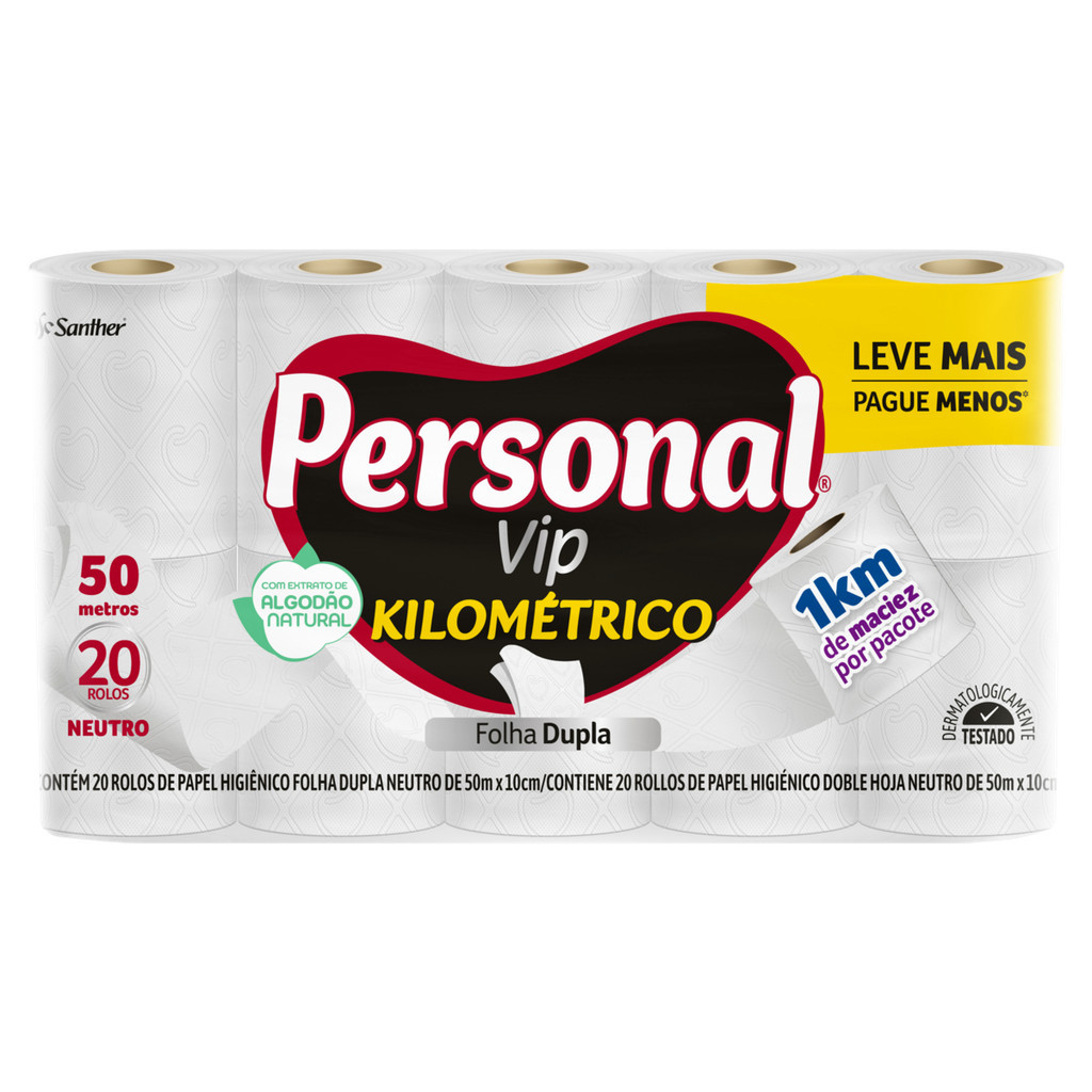 Papel Higiênico Personal Vip Kilométrico F D 20 Rolos de 50m