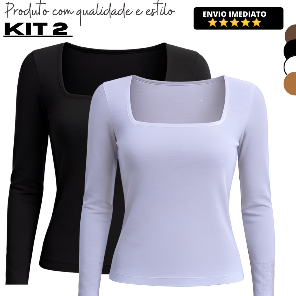 Kit 2 Blusa Feminina Manga Longa Decote Quadrado de Suplex Básica Compressao Academia Segunda Pele Protecao UV
