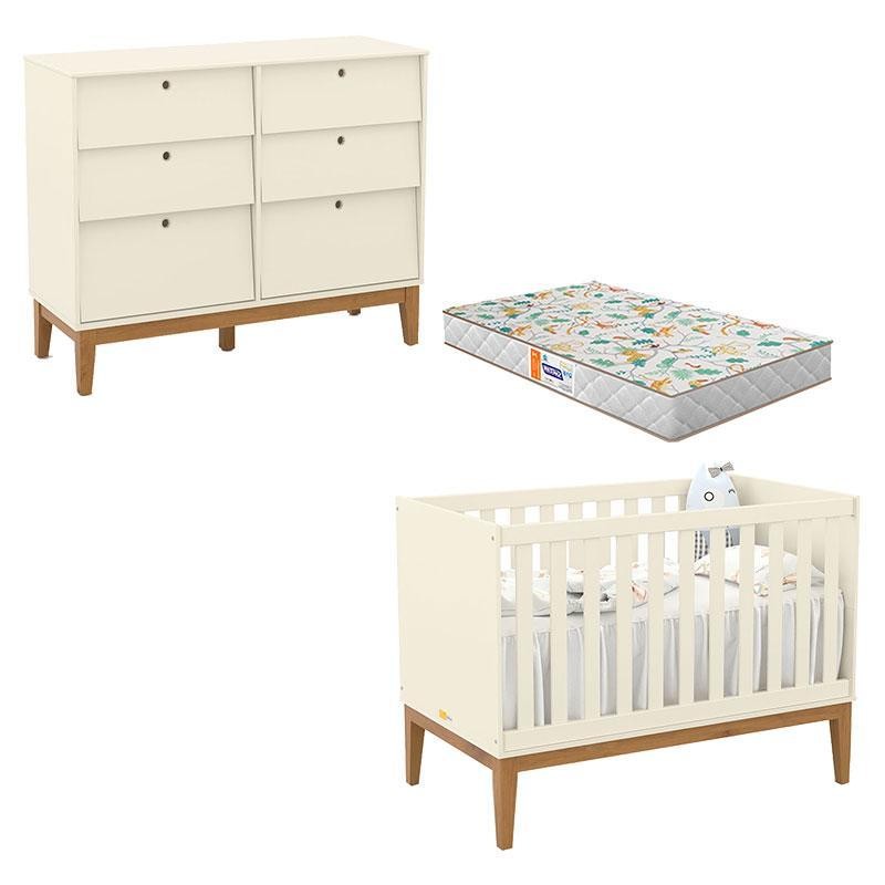 Berço Americano e Cômoda 6 Gavetas Unique Off White Eco Wood com Colchão Gazin - Matic