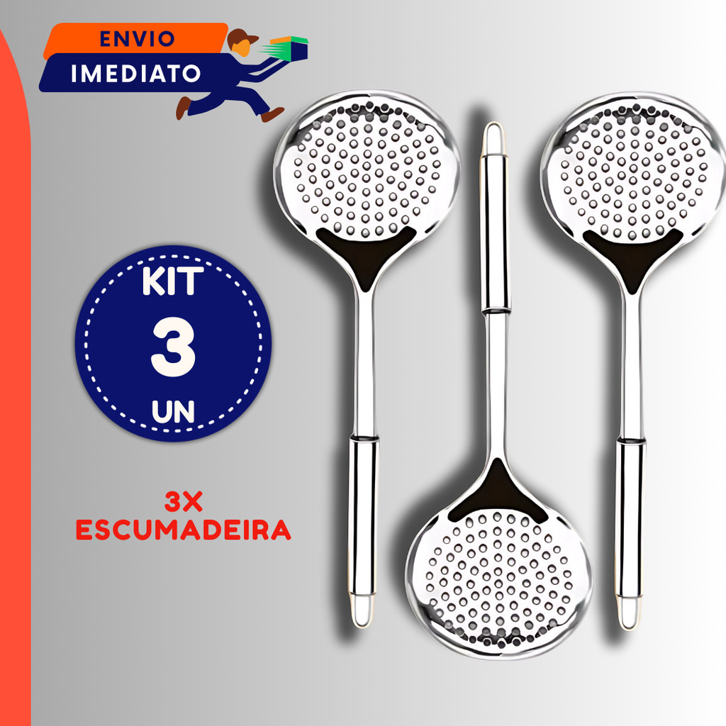 Kit 3 Utensílios Talheres Inox Para Cozinha Escumadeira Arroz Fritura Buffet Cozinha