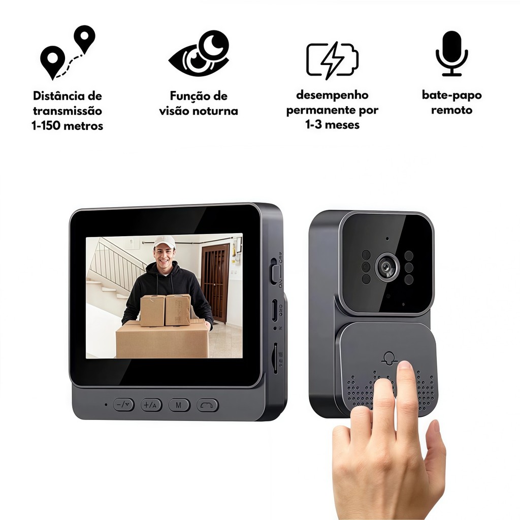 Campainha sem fio com vídeo porteiro e câmera HD Smart Home recarregável