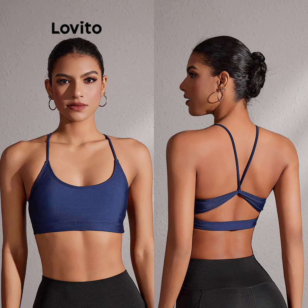 Lovito Sutiã esportivo esportivo liso sem costas cruzado para mulheres LBL20318 em Oferta na Shopee