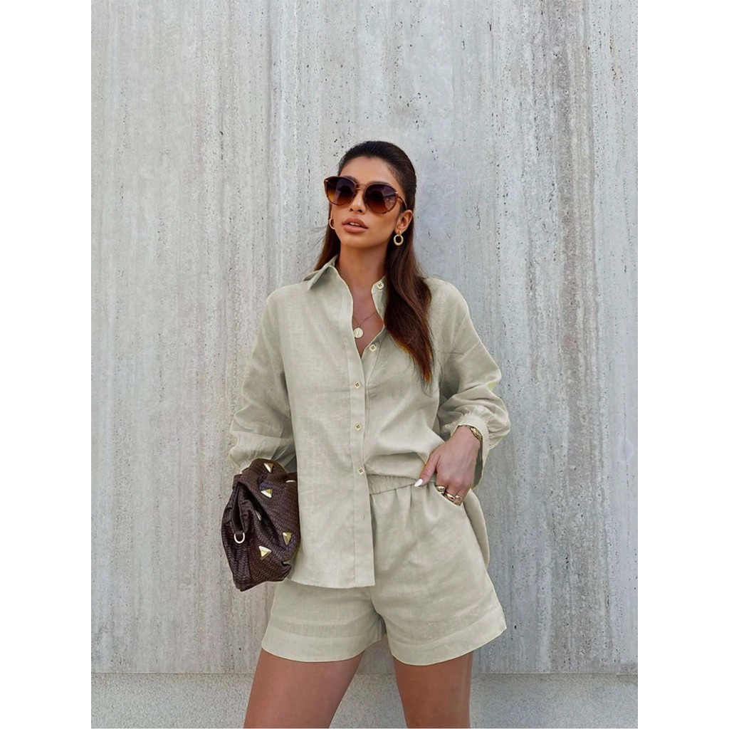 SV Conjunto feminino em linho com blusa leve e short casual