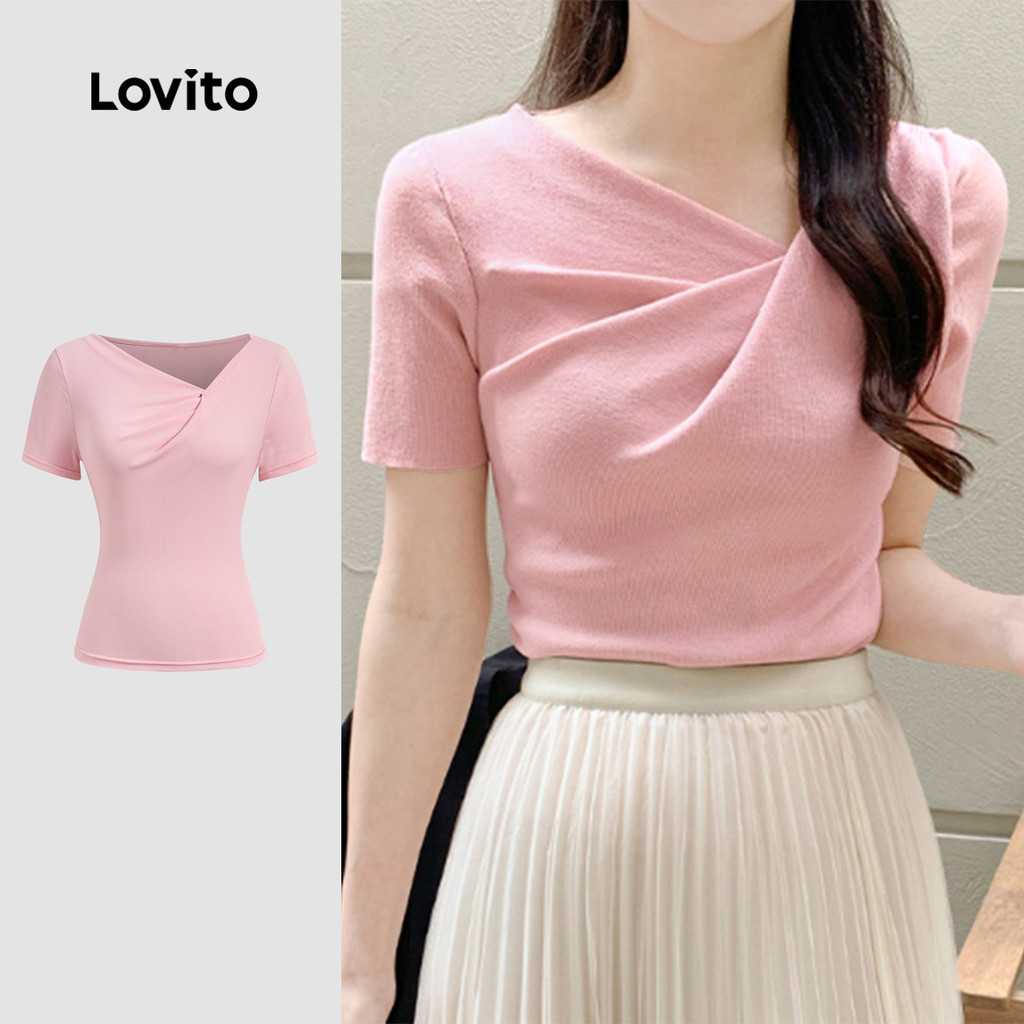 Lovito Camiseta Casual Lisa Plissada Assimétrica Para Mulheres L133ED120 - Women Clothes