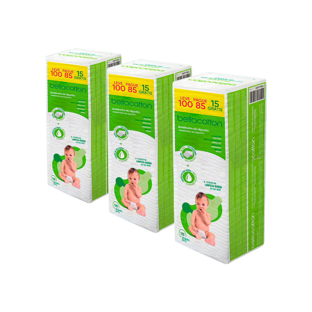 Kit 3 Algodão Quadrado Baby Sem Fragrância 300 Unidades Bellacotton