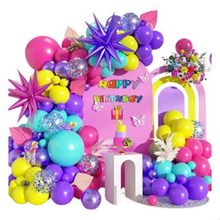 Kit 130 Balões Pink Amarelo Roxo Tiffany Metalizado Arco Desconstruído Festa + Fita em Oferta na Shopee