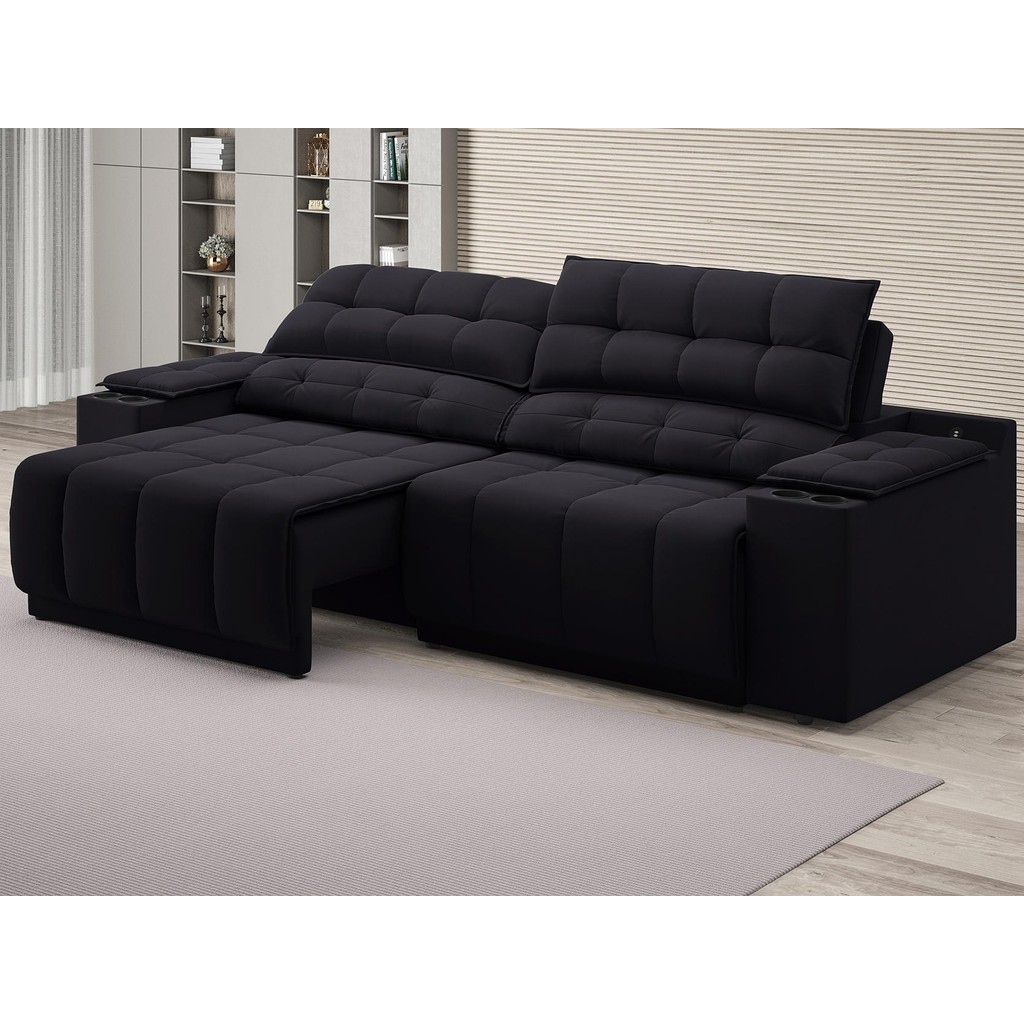 Sofá com Porta Copos Carregador USB Ret Rec Samurai 2,50m Velosuede Preto - NETSOFAS