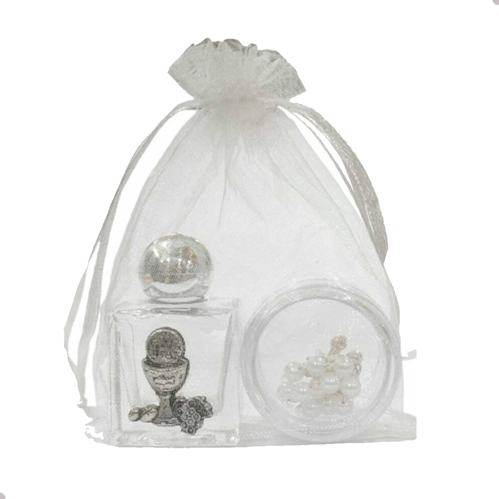16 Kit Vidro + Porta Terço Eucaristia Prata - C/ Dezena (sem medalha no porta terço)