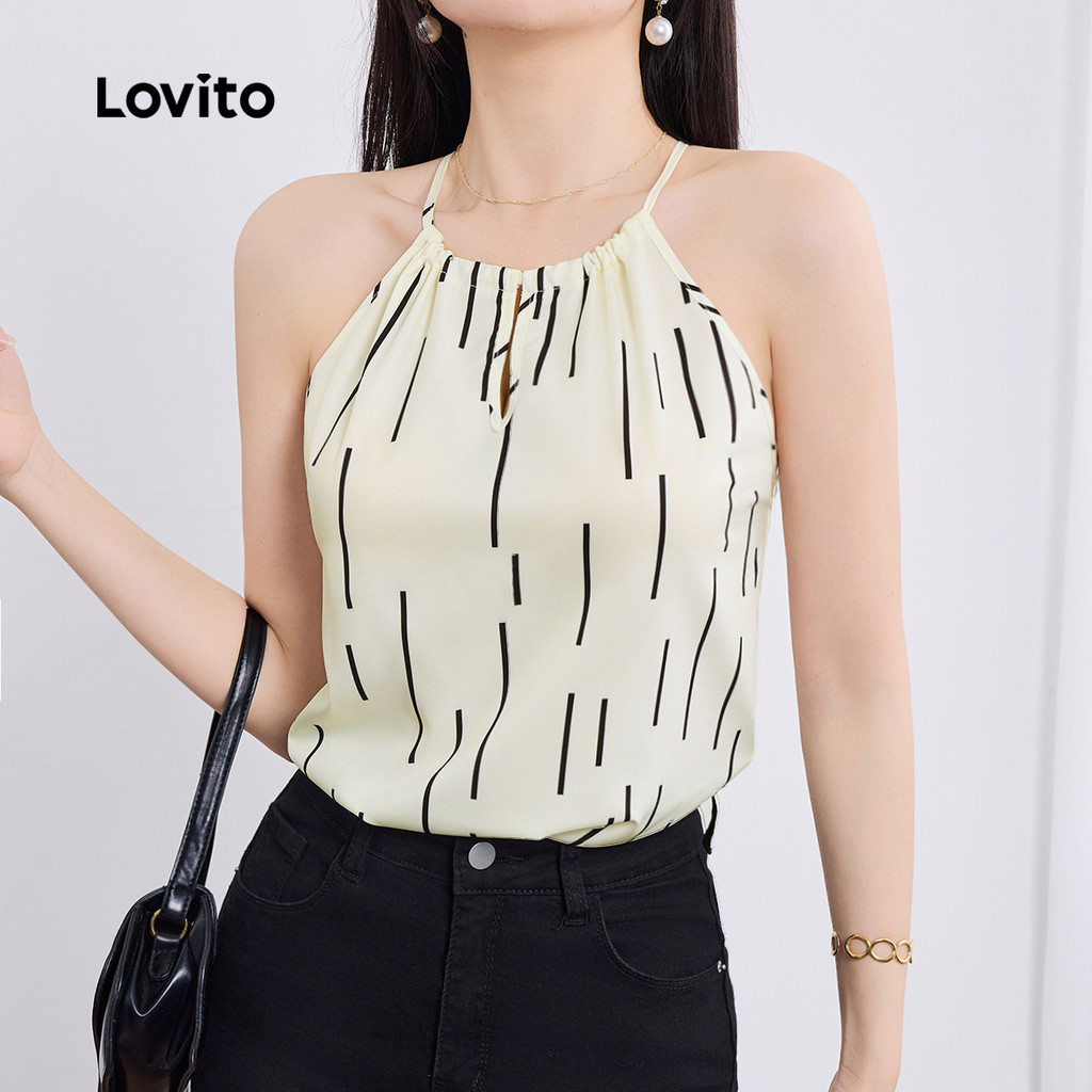 Lovito Regata feminina Casual com estampa geométrica e ombro frio L129ED650 em Oferta na Shopee