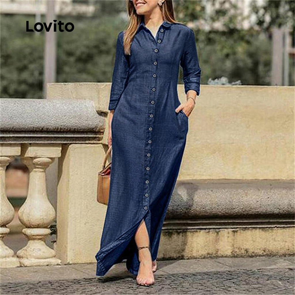 Lovito Vestido jeans Casual com botões lisos para mulheres LNL101611 - Women Clothes