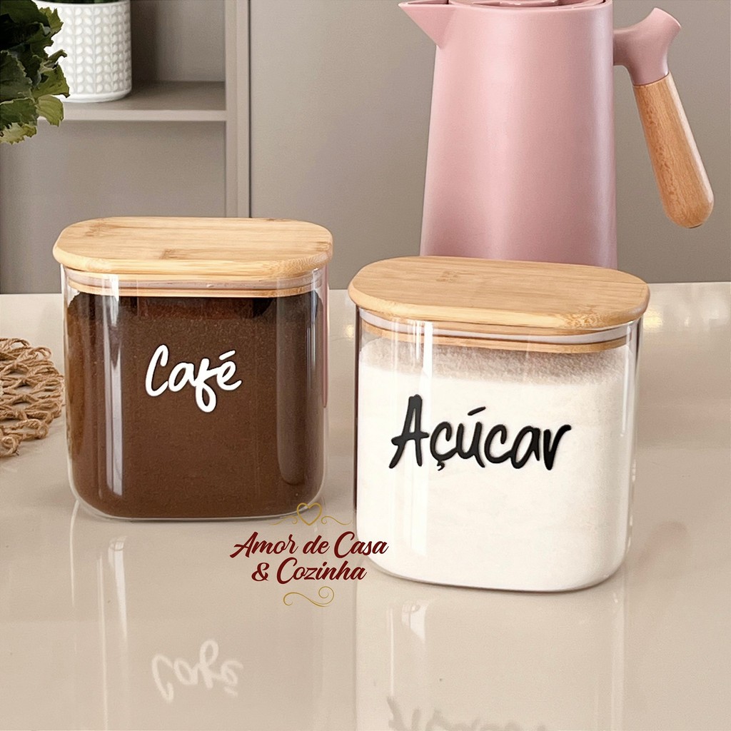KIT 2 POTE DE VIDRO HELENA TAMPA BAMBU ESCOLHA PERSONALIZAÇÃO E TAMANHO