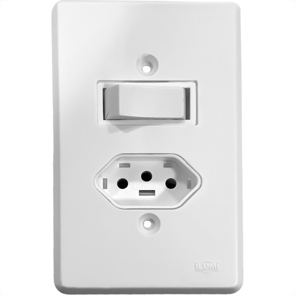 Conjunto Ilumi Pratika Com Placa 1 Simples + Tomada 2P+T  10A Tomada Interruptor