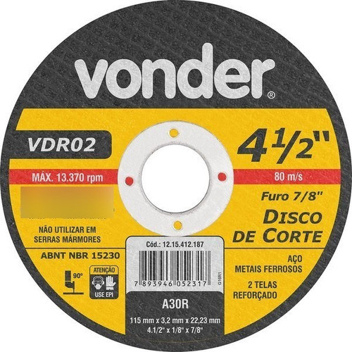 Discos De Corte 115x3,2x22,23mm Grão:g30 Vdr02 Vonder em Oferta na Shopee