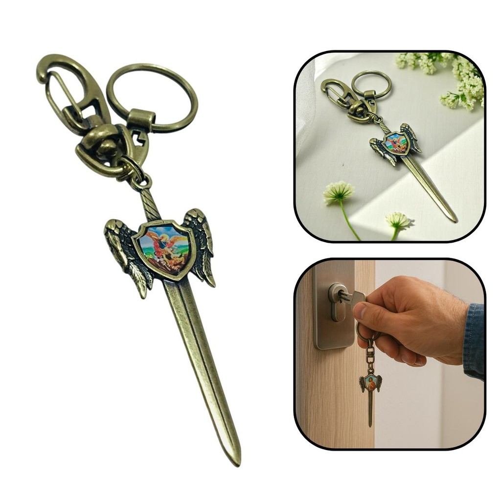 Chaveiro Espada São Miguel Arcanjo Metal Dourado