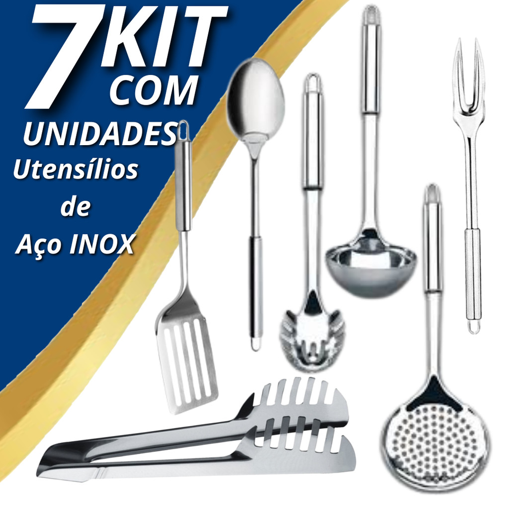 Kit  Cozinha  Utensílios  7 Peças 100% Inox Para Cozinha Concha Pegador de Massas Colher Garfo e Escumadeira Espátula