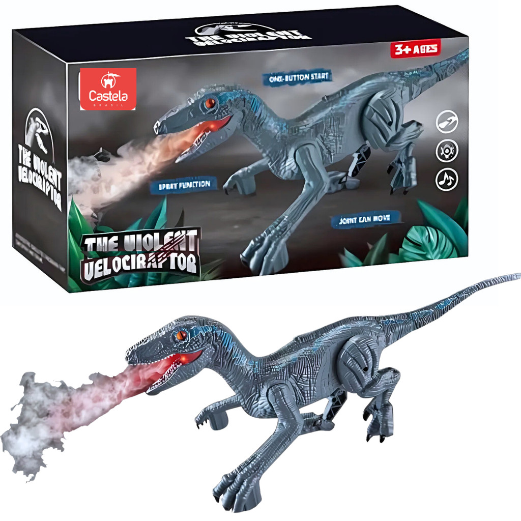 Brinquedo Dinossauro Velociraptor Divertido Anda Luz Som Fumaça Castela em Oferta na Shopee
