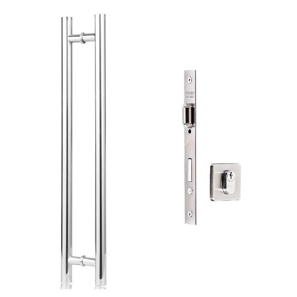 Kit para Porta Pivotante e Puxador Tubo 30cm com Fechadura Rolete