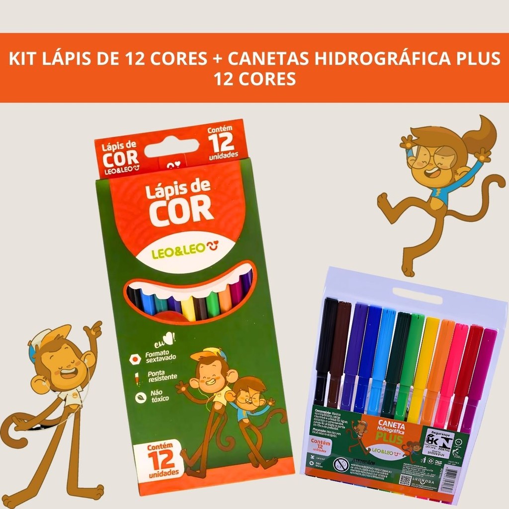 Kit Escolar Lápis De Cor 12 cores + Canetinha Hidrográfica Plus 12 Cores Leo&Leo