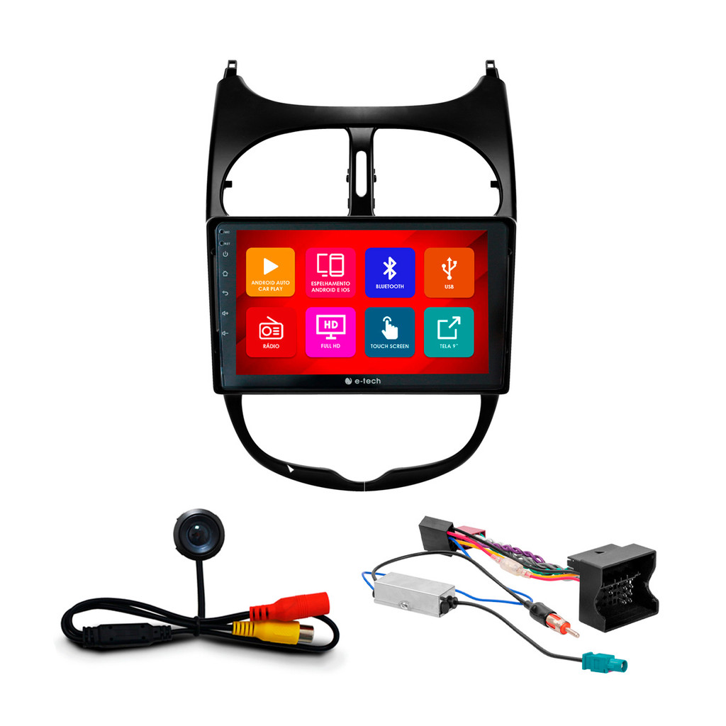 Kit Multimídia 9 Pol Peugeot 206 2002 03 04 A 08 09 2010 Android Auto CarPlay Qa+ 2 Din Preto Espelhamento Android Ios