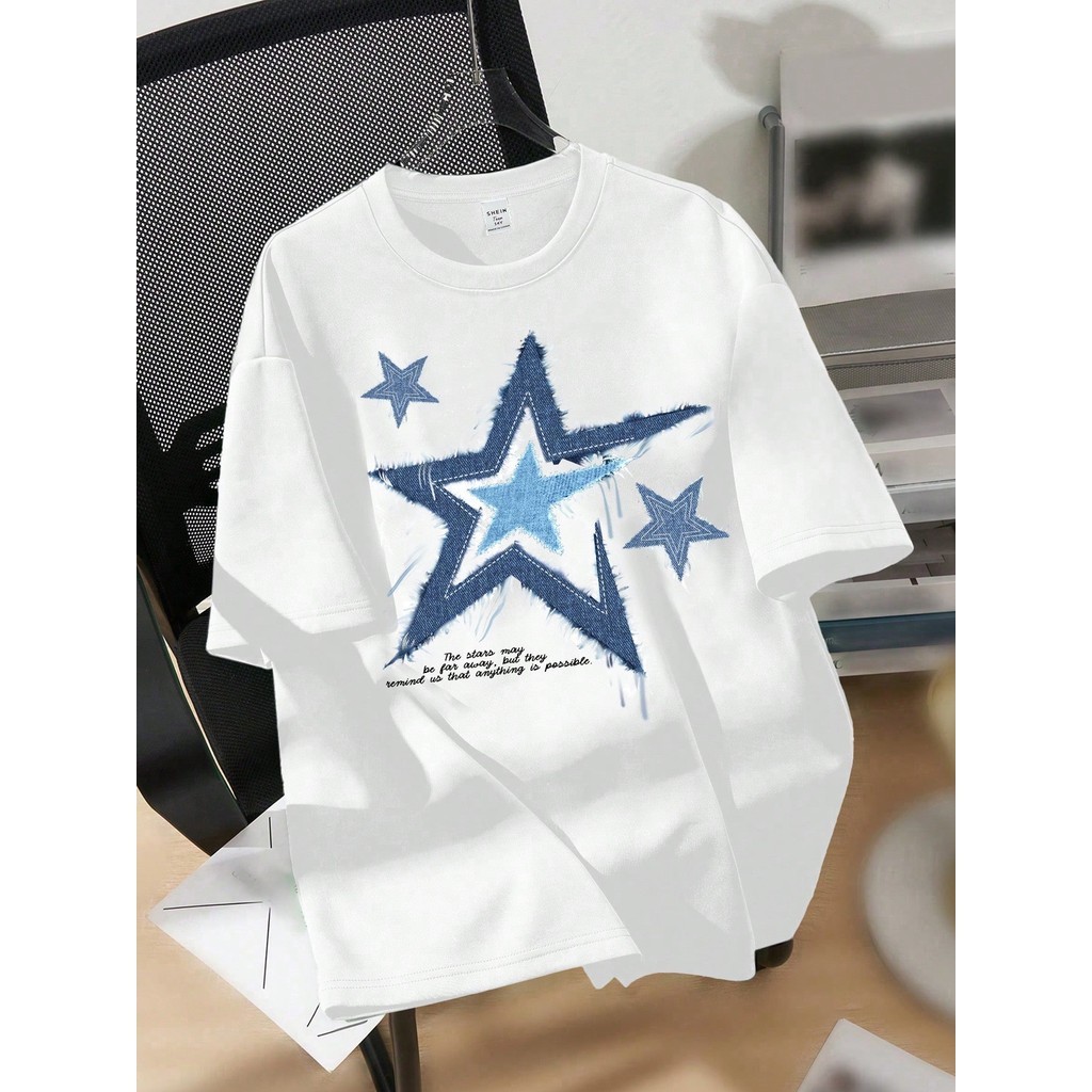 Camiseta Casual Feminina Estrelas Manga Curta, Adequada para o Verão em Oferta na Shopee