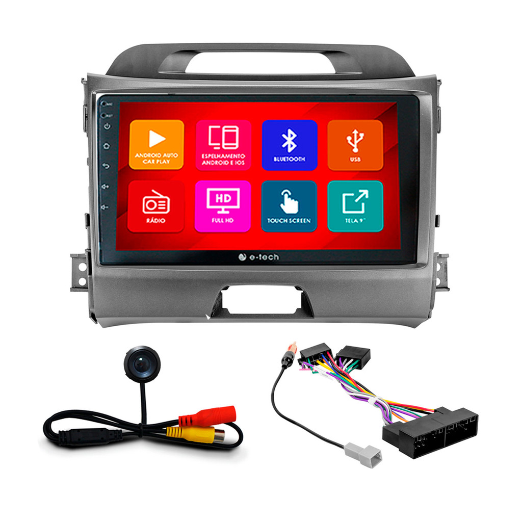Kit Multimídia 9 Pol Sportage 2010 11 12 13 14 15 2016 Android Auto CarPlay Qa+ 2 Din Grafite Espelhamento Android Ios