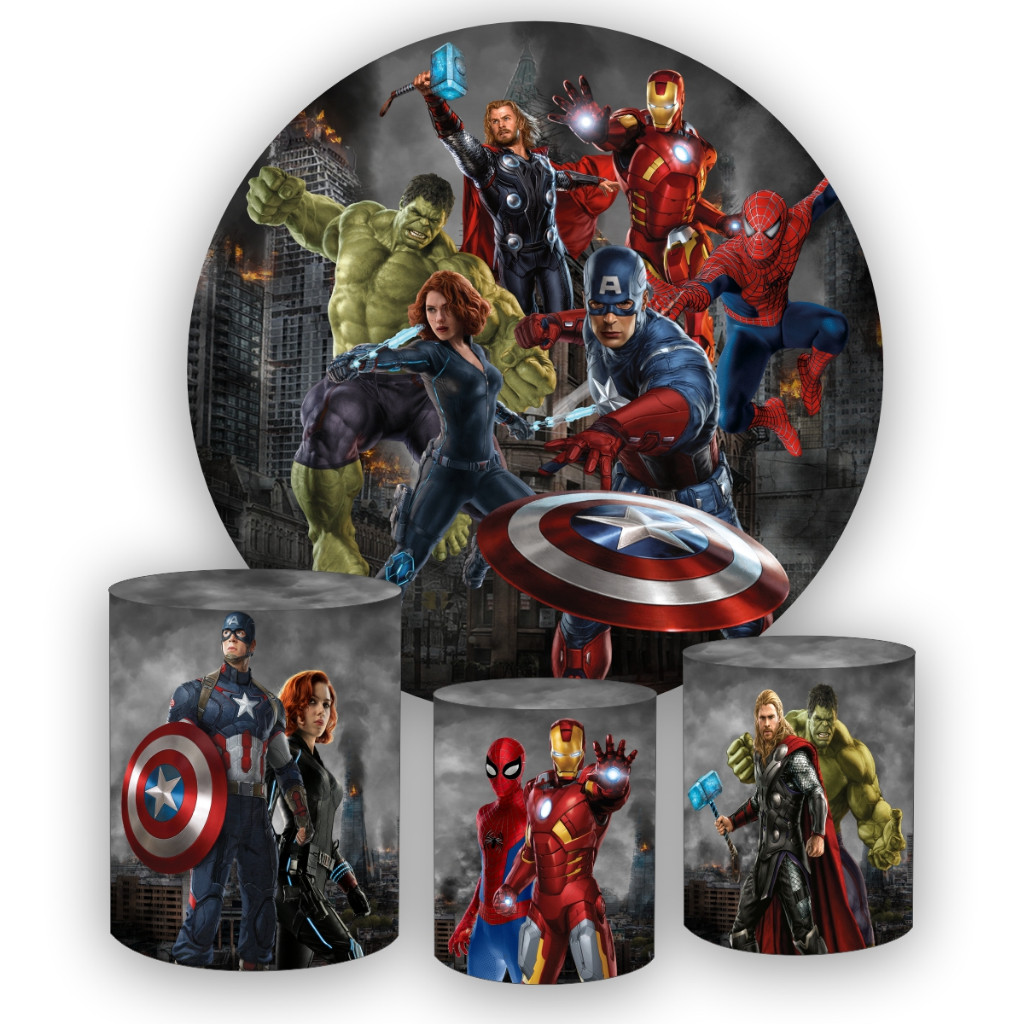 Kit Painel Redondo em tecido sublimado 1,5 + 3 Capas de Cilindros VINGADORES