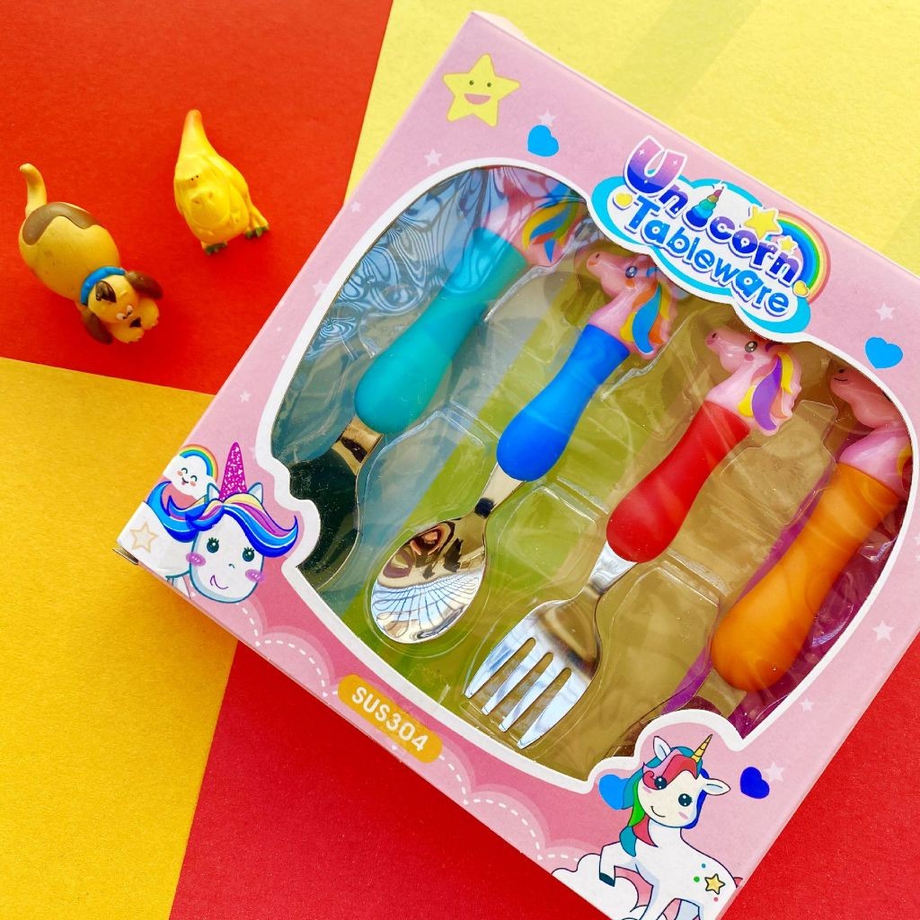 Kit 4 pcs Desenho Animado Unicórnio Talheres Para Crianças 304 Colher De Aço Inoxidável