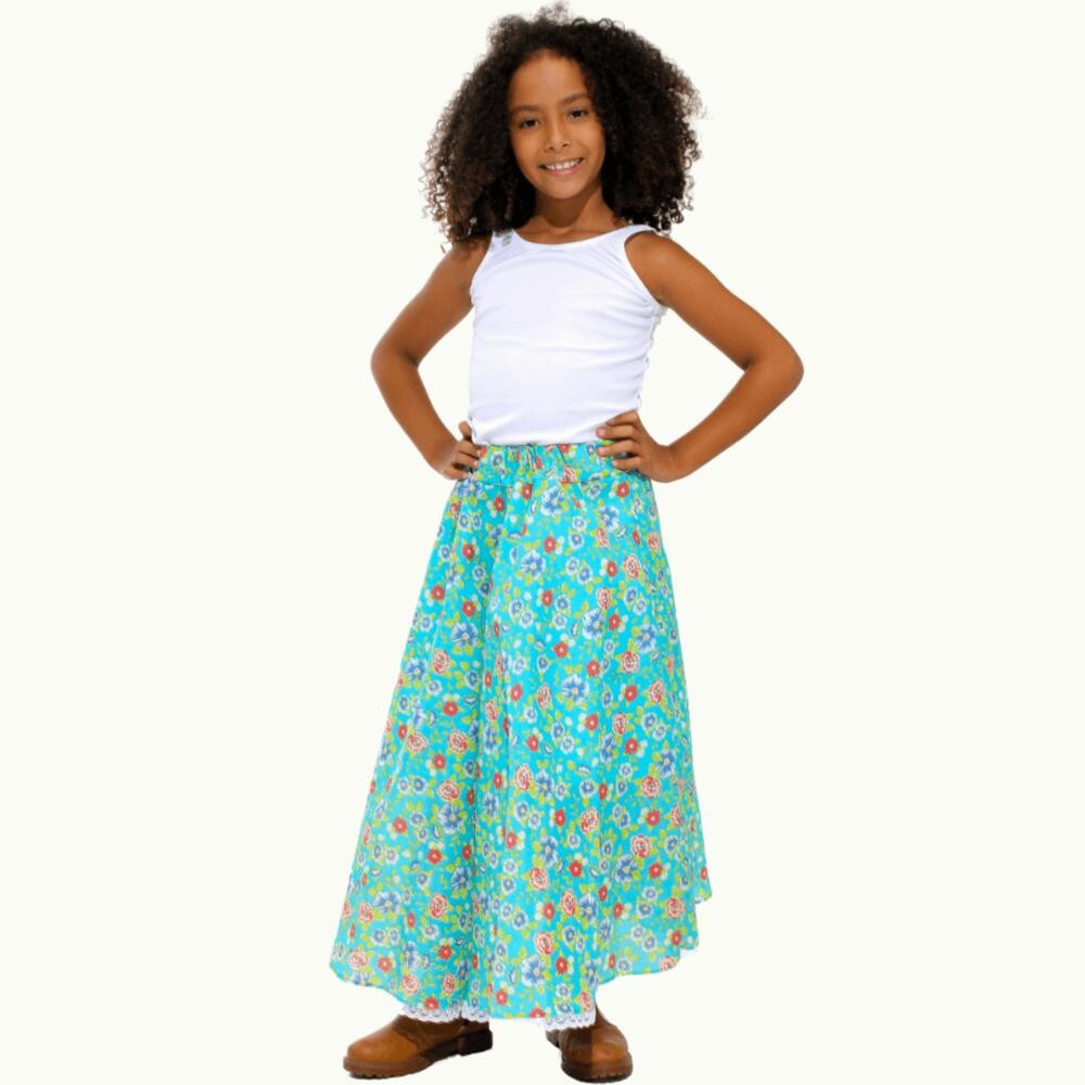 Saia Carimbo Azul Floral Com Renda Infantil Festa Junina