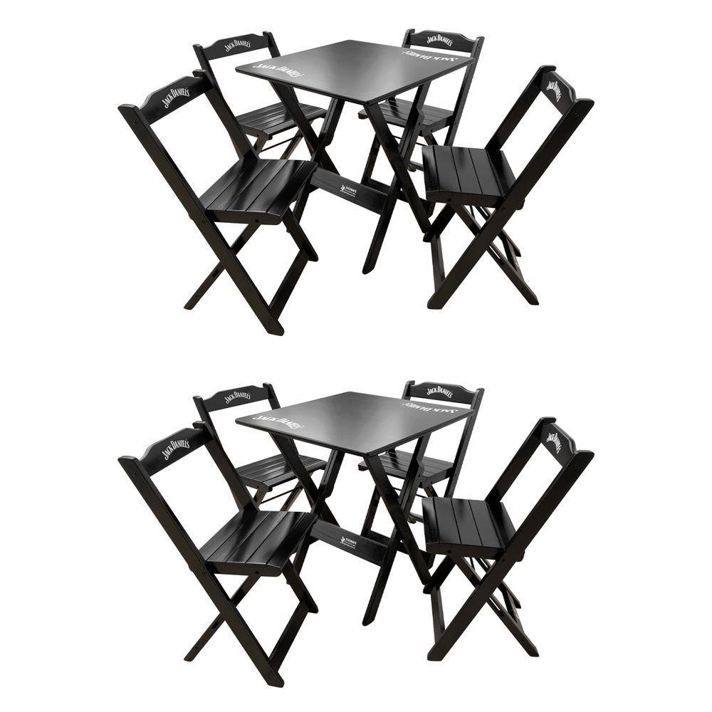 Kit 2 Conjuntos Mesa Dobrável Madeira 70x70 Com 4 Cadeiras Personalizada Jack Preta - Tarimatã