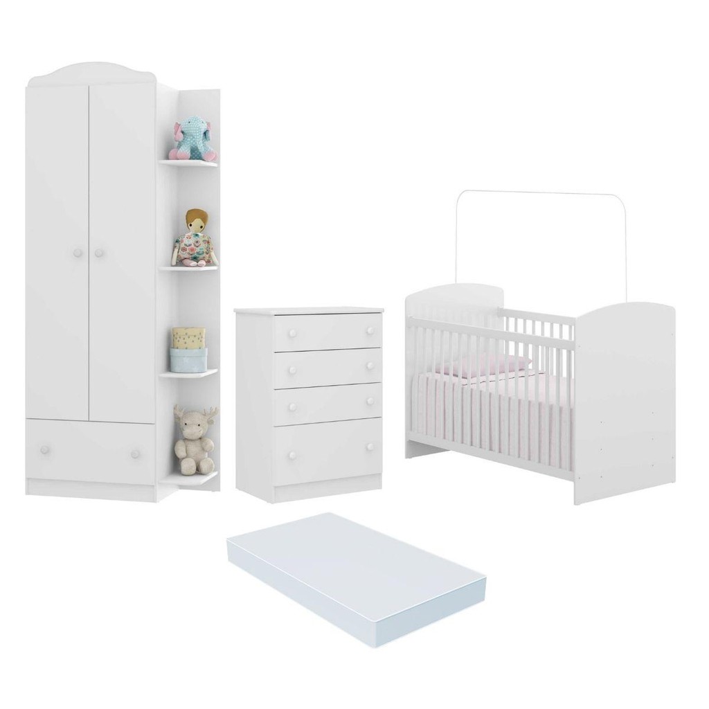 Quarto Infantil Completo João e Maria Multimóveis com Colchão, Berço, Guarda Roupa e Cômoda Bco/Col - Mom & Baby