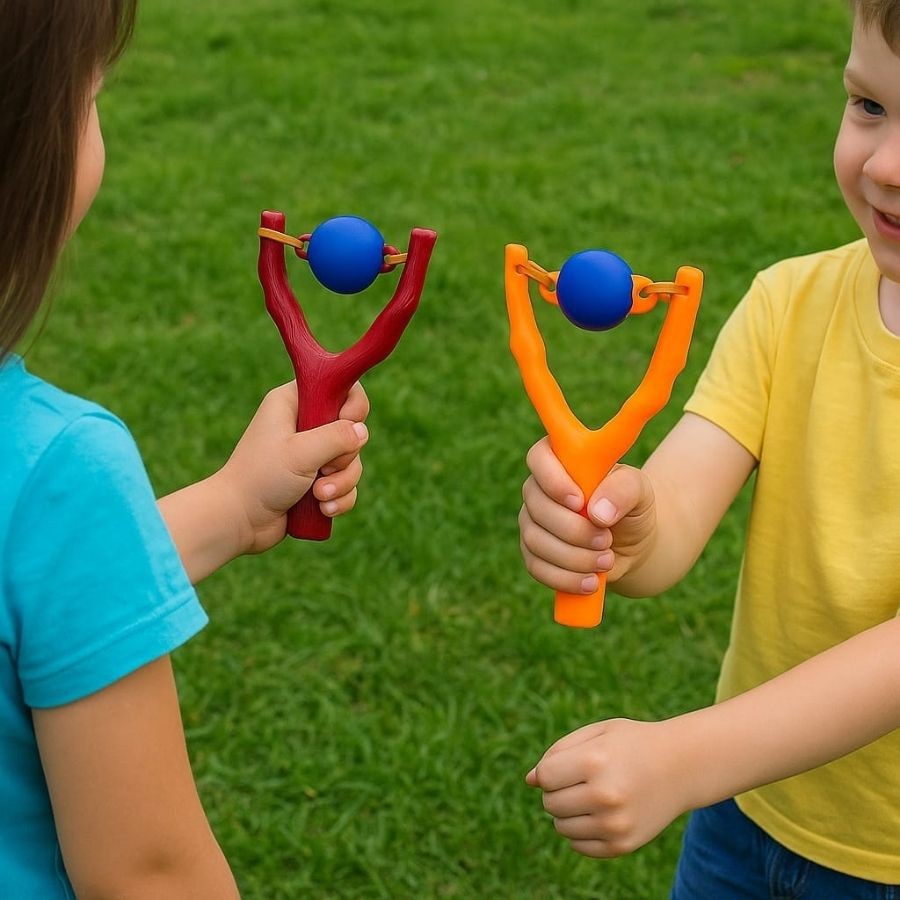 Brinquedo Criança Estilingue Lança Bolas Soft Com 06 Bolas Plástico Voador