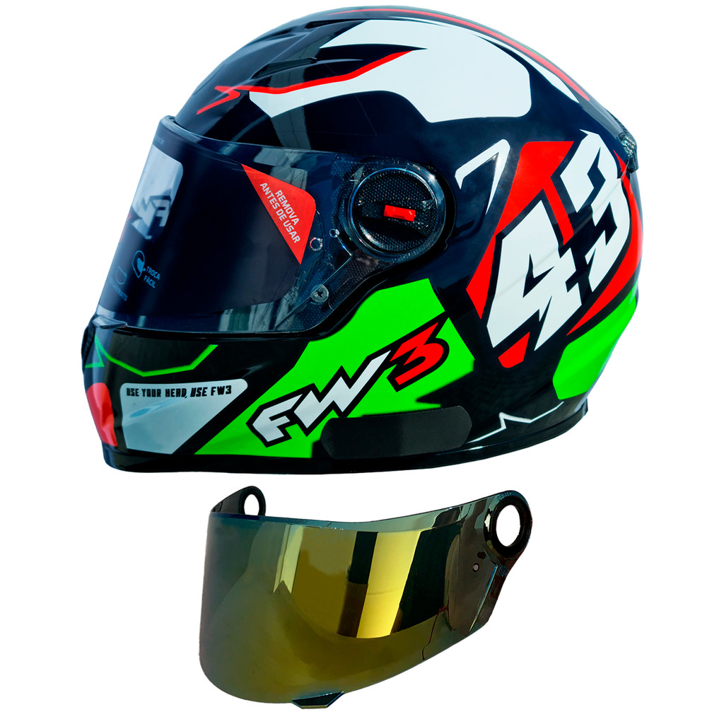 Capacete Moto Fw3 Gtx 43 Vermelho Verde Oculos Interno Top + Viseira Dourada FW3 - Spare Parts and Accessories for Vehicles
