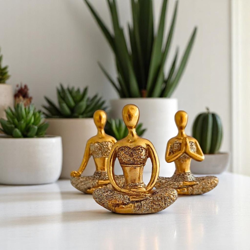 Imagem Kit Com 3 Estátuas Enfeite Decorativo Meditação Posições De Yoga Ioga Buda 6cm + Bandeja Espelhada