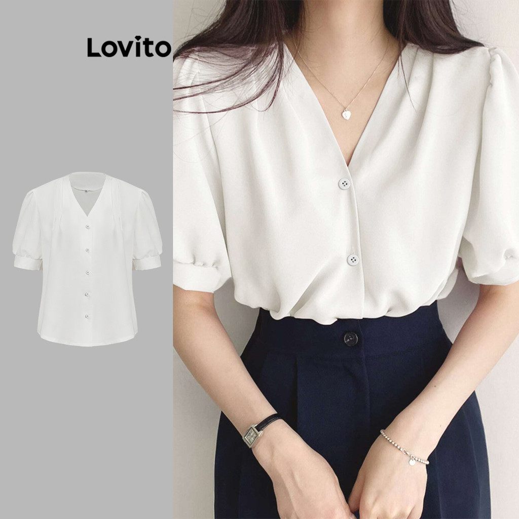 Lovito Blusa casual com babados lisos para mulheres L95ED581 - Women Clothes