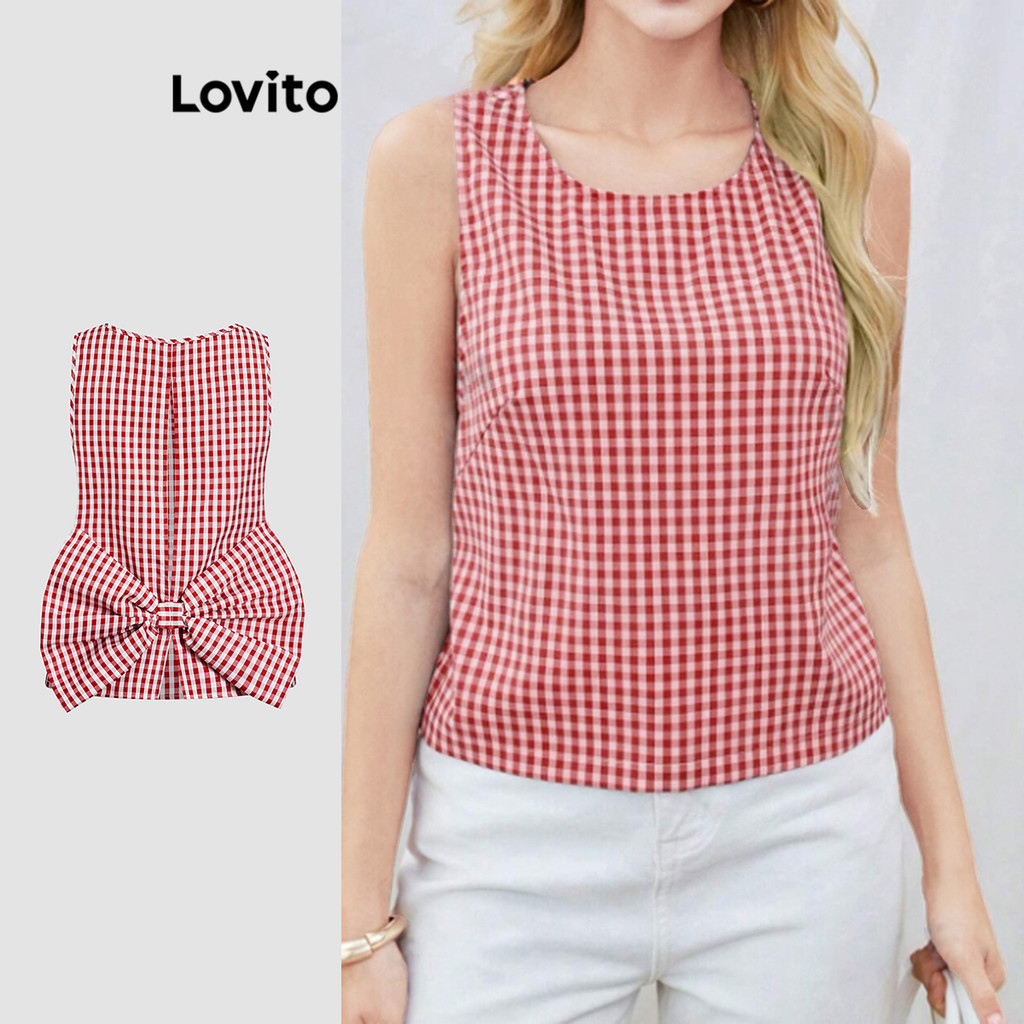 Lovito Elegante blusa xadrez com laço nas costas para mulheres L118ED224 - Women Clothes