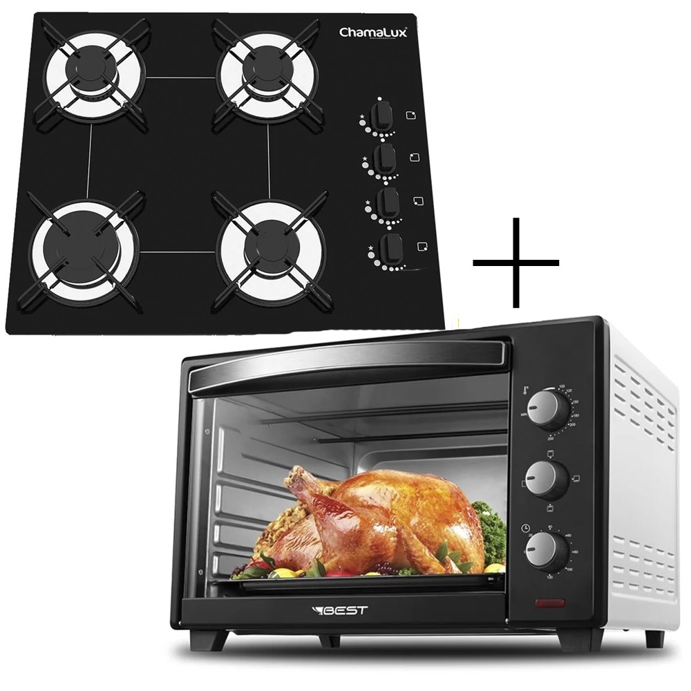 FogÃO Cooktop 4 Bocas Preto + Forno De Eletrico 48 Litros - Home Appliances