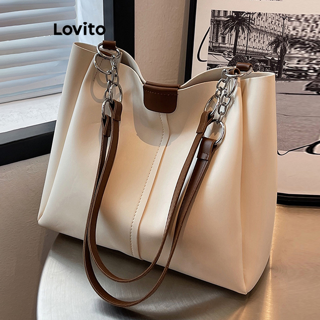 (Trendy) Lovito Bolsa De Ombro Texturizada Casual Lisa De Alta Capacidade Para Deslocamento Para Mulheres LFA04285 em Oferta na Shopee