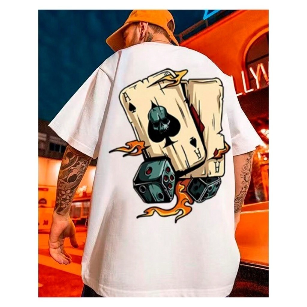 Camiseta Branca Algodão Camiseta Básica Masculina Lucky Game Dados e Cartas Envio Imediato