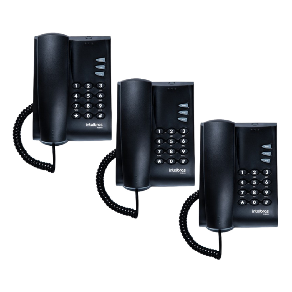 Telefone Fixo Com Fio Intelbras Pleno Sem Chave Preto- 3 Unidades