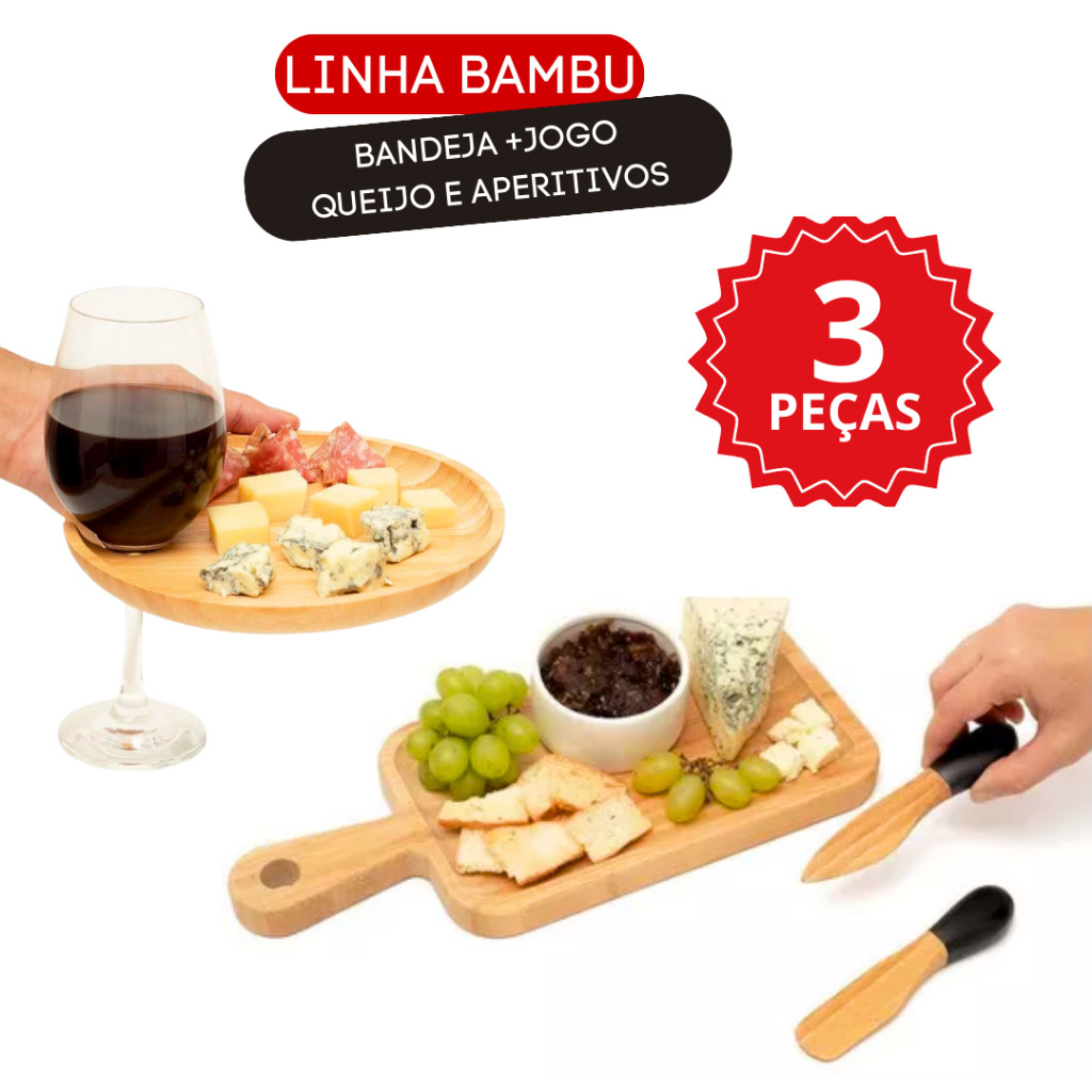 Bandeja De Bambu Queijo Petiscos Frios Com Apoio Para Taça + Jogo 2 Utensilio Antepasto Aperitivo