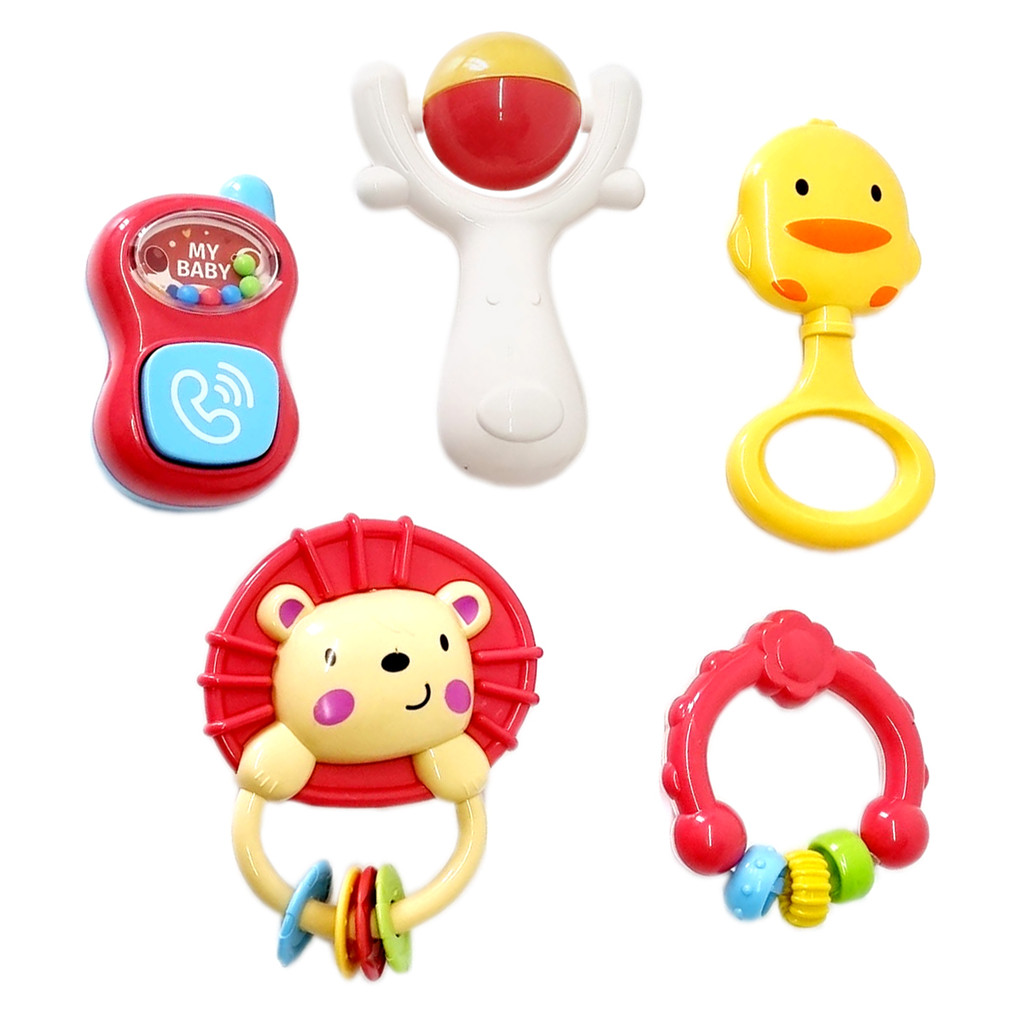 Kit 5 Peças Chocalho Brinquedo Bebe Leão Patinho Telefone Unissex Divertido e Interativo