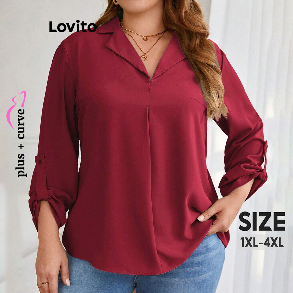 Lovito Blusa Curva Plus Size Casual Blusa De Botão Liso Para Mulheres LBL13327 - Women Clothes