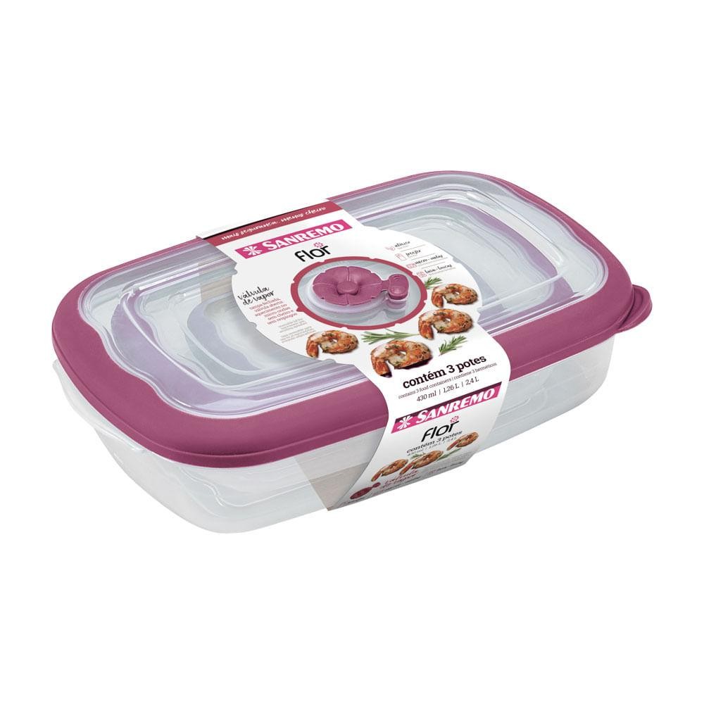 Kit 3 Potes Plásticos Retangulares Herméticos Açaí 430ml, 1,26L, 2,4L Flor Sanremo em Oferta na Shopee
