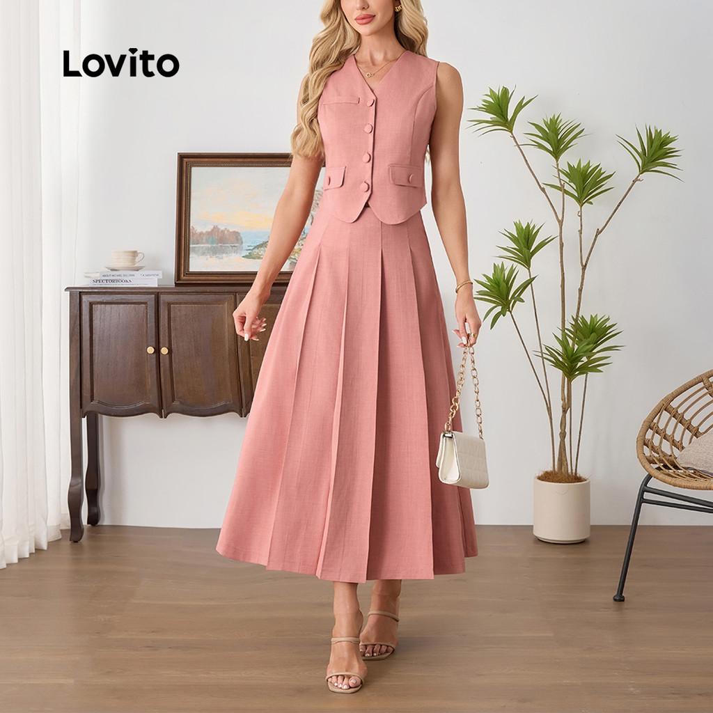 (Trendy) Lovito Tops ou calças plissadas elegantes com botões lisos para mulheres LBL24158 em Oferta na Shopee