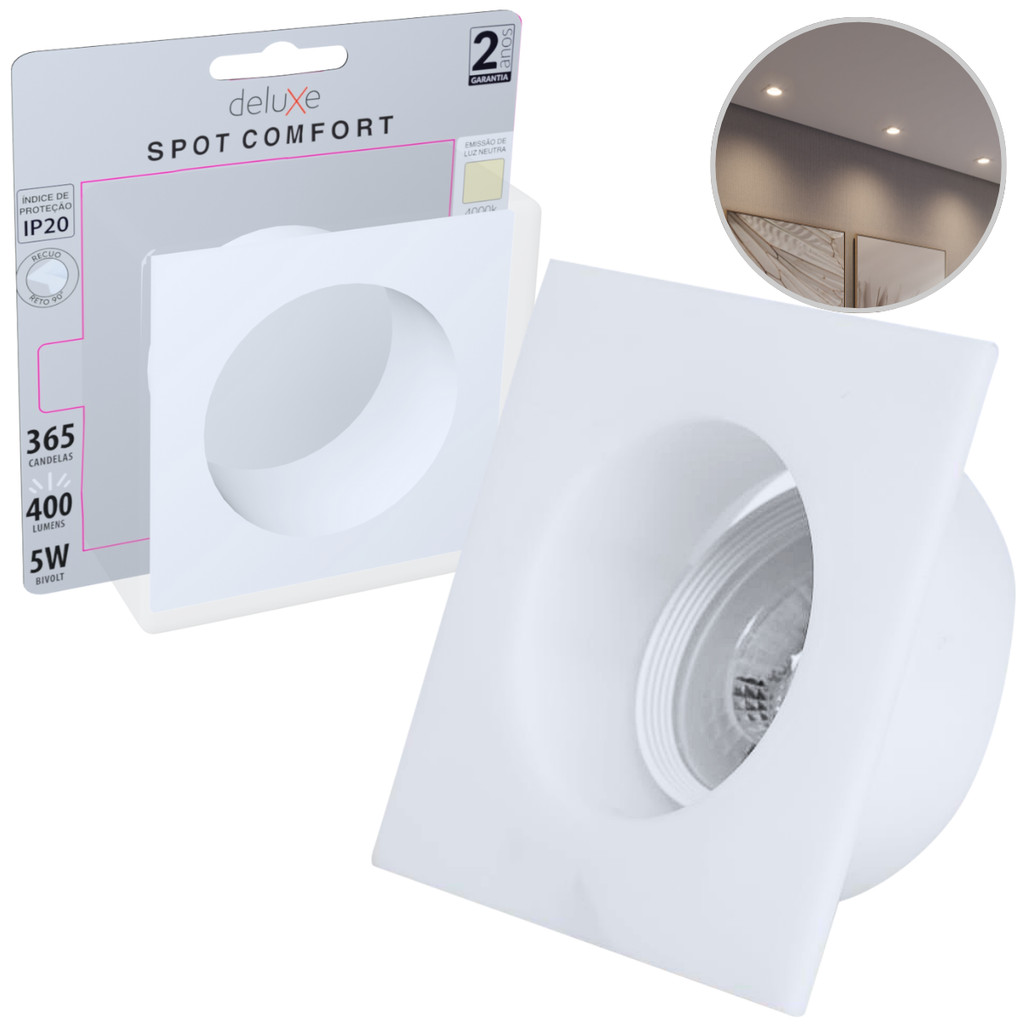 Spot Led Comfort Embutir 5w 4000k Branco Neutro 9,4cm 110v/220v Bivolt Ip20 Redondo Branco Cod:908831085 Deluxe by avant em Oferta na Shopee